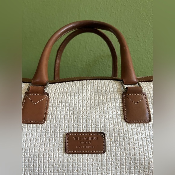 TED LAPIDUS Paris Monogram Logo Embossed Leather Handle Boston Bag Rare White - Picture 4 of 14